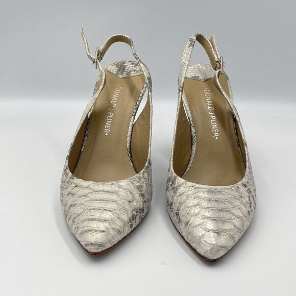 Donald J Pliner BRIGHT Leather Slingback Heels WOMENS SIZE 6.5 Shoe Silver Snake - Picture 3 of 7